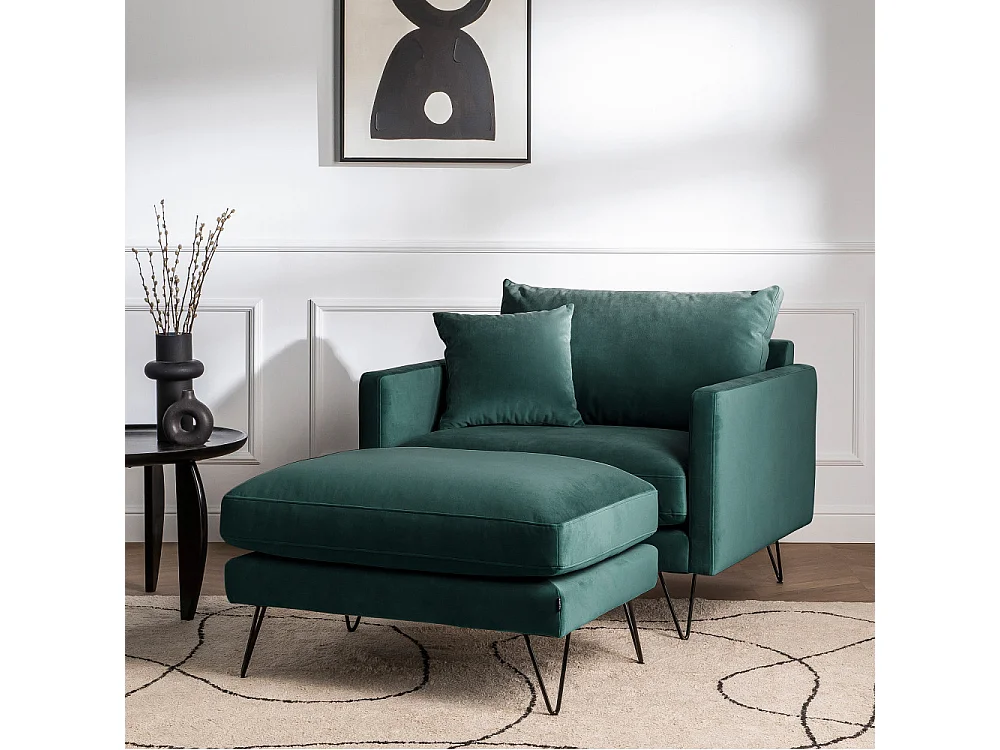 Villabon - Fauteuil XL en velours pieds épingles noirs - Vert eucalyptus