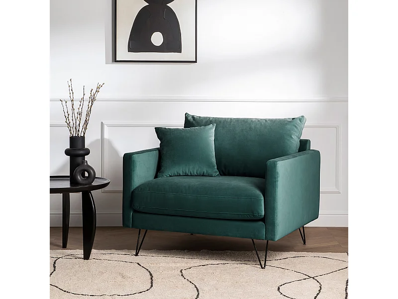 Villabon - Fauteuil XL en velours pieds épingles noirs - Vert eucalyptus