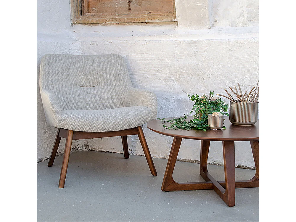 London - Fauteuil en tissu et pieds en bois - Ecru