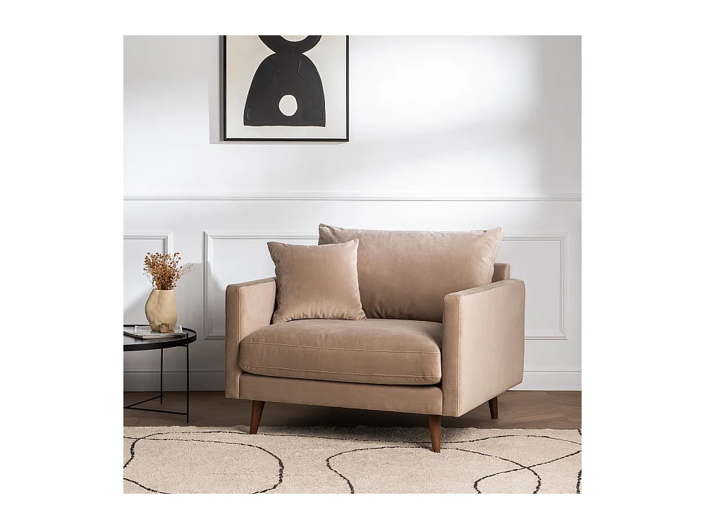 Villabon - Fauteuil XL en velours pieds bois foncé - Beige