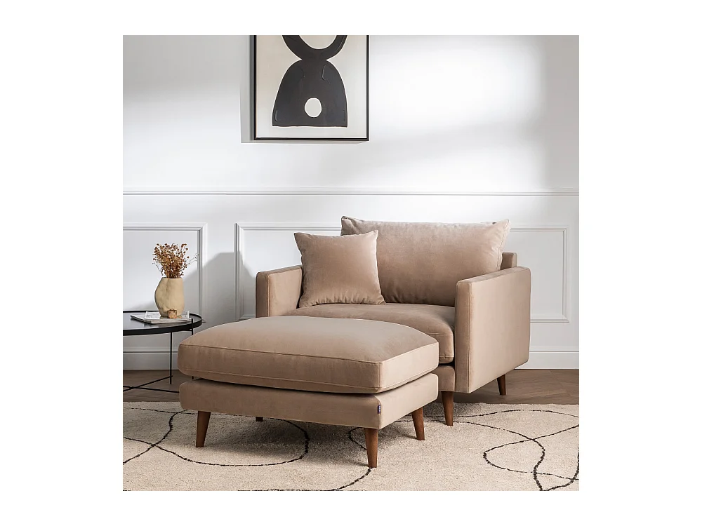 Villabon - Fauteuil XL en velours pieds bois foncé - Beige