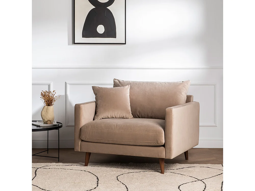 Villabon - Fauteuil XL en velours pieds bois foncé - Beige