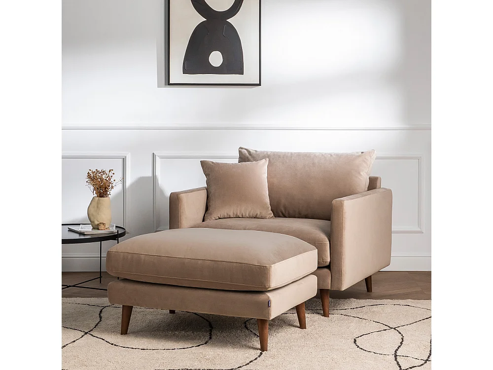 Villabon - Fauteuil XL en velours pieds bois foncé - Beige