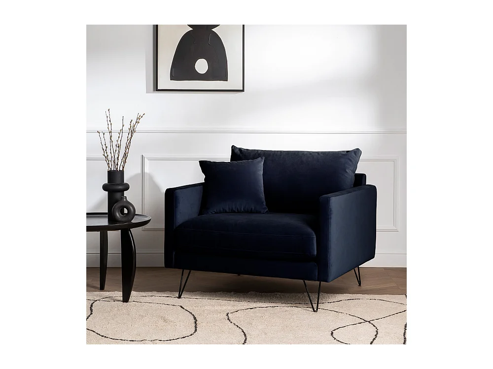 Villabon - Fauteuil XL en velours pieds épingles noirs - Bleu marine