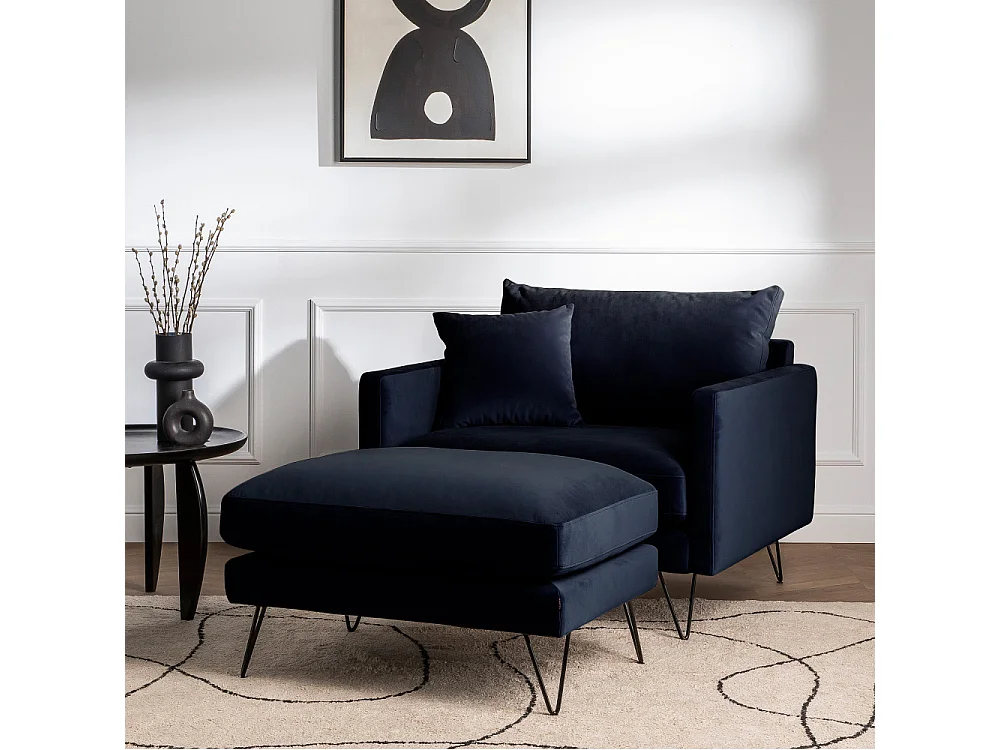 Villabon - Fauteuil XL en velours pieds épingles noirs - Bleu marine