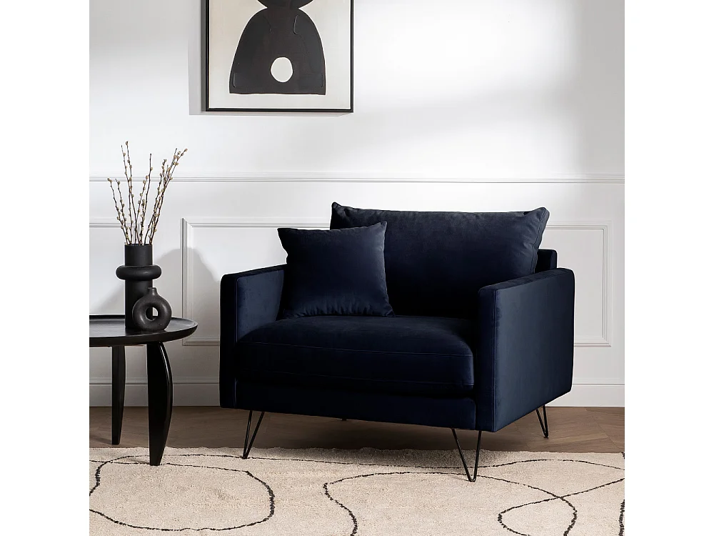 Villabon - Fauteuil XL en velours pieds épingles noirs - Bleu marine