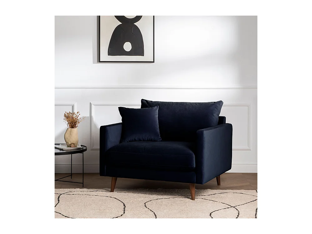 Villabon - Fauteuil XL en velours pieds bois foncé - Bleu marine