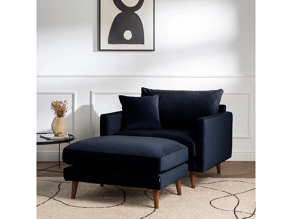 Villabon - Fauteuil XL en velours pieds bois foncé - Bleu marine