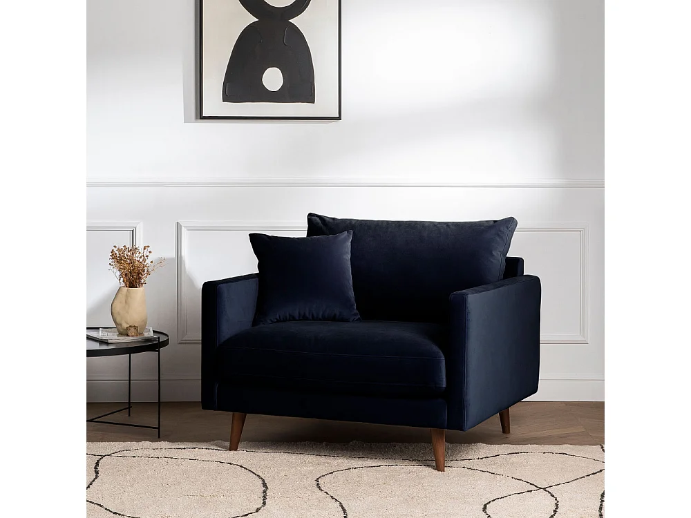 Villabon - Fauteuil XL en velours pieds bois foncé - Bleu marine