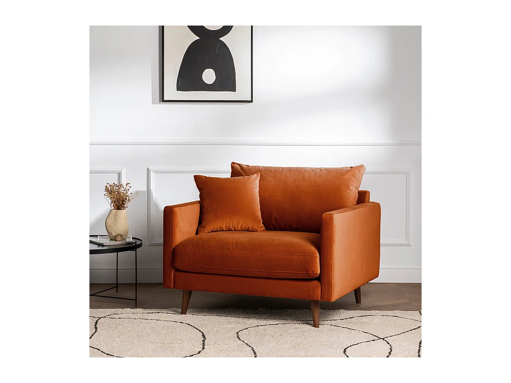 Villabon - Fauteuil XL en velours pieds bois foncé - Rouille