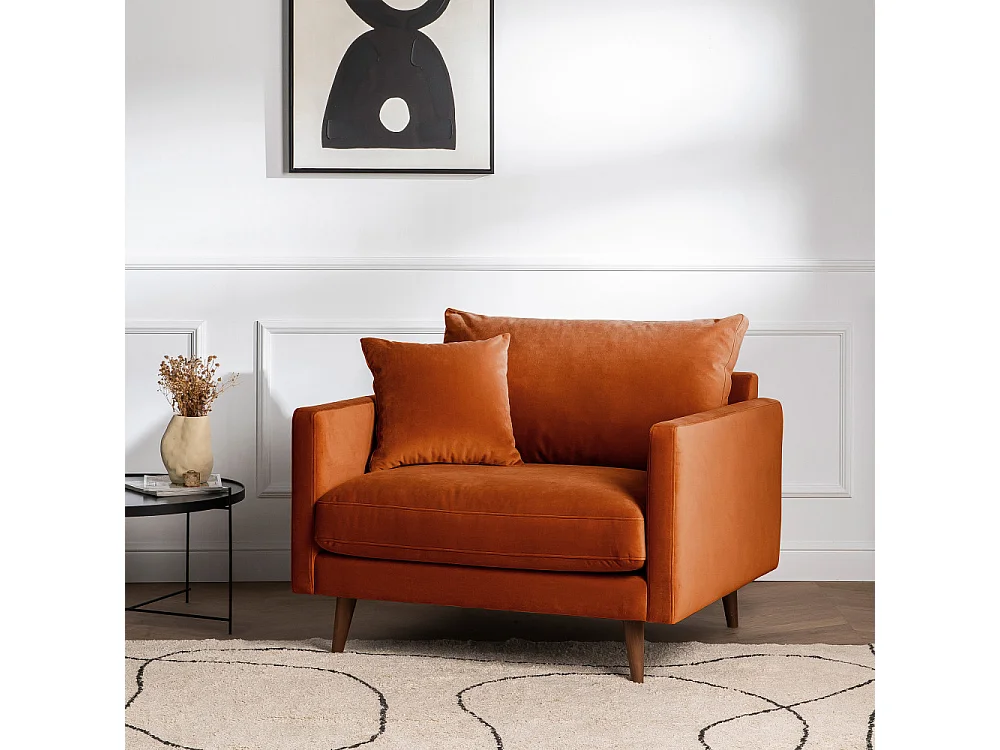 Villabon - Fauteuil XL en velours pieds bois foncé - Rouille