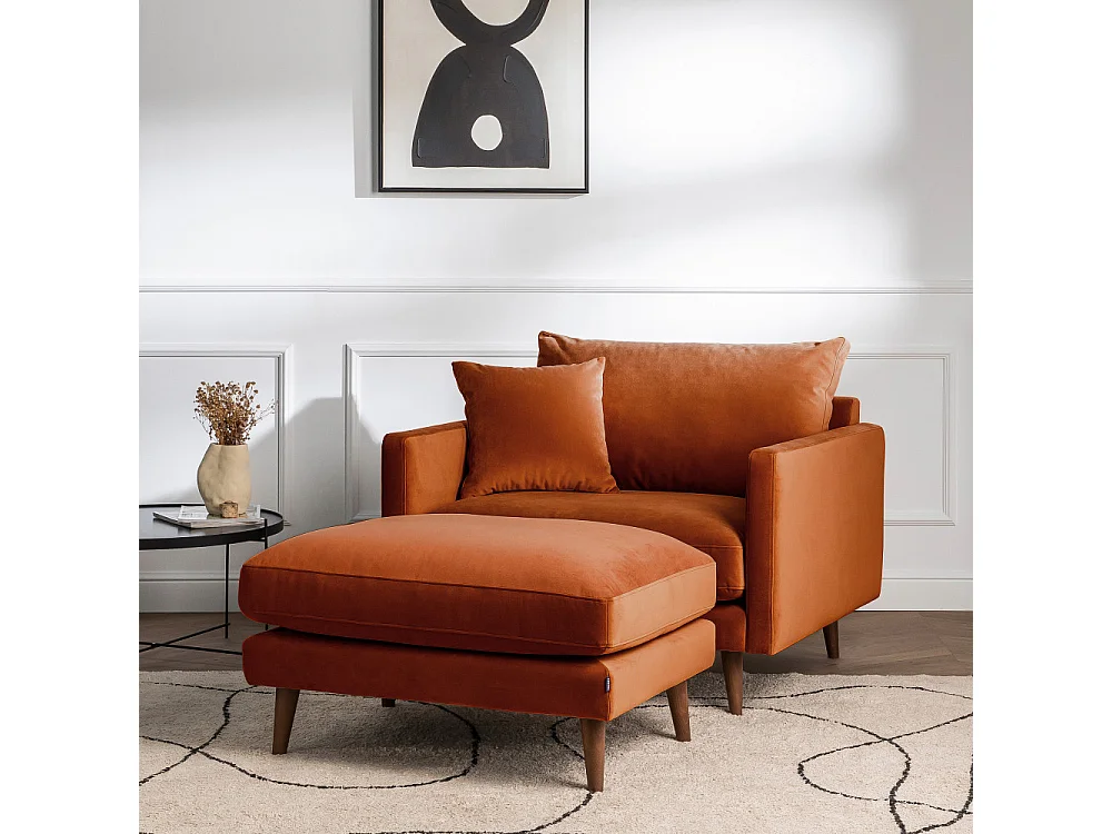 Villabon - Fauteuil XL en velours pieds bois foncé - Rouille