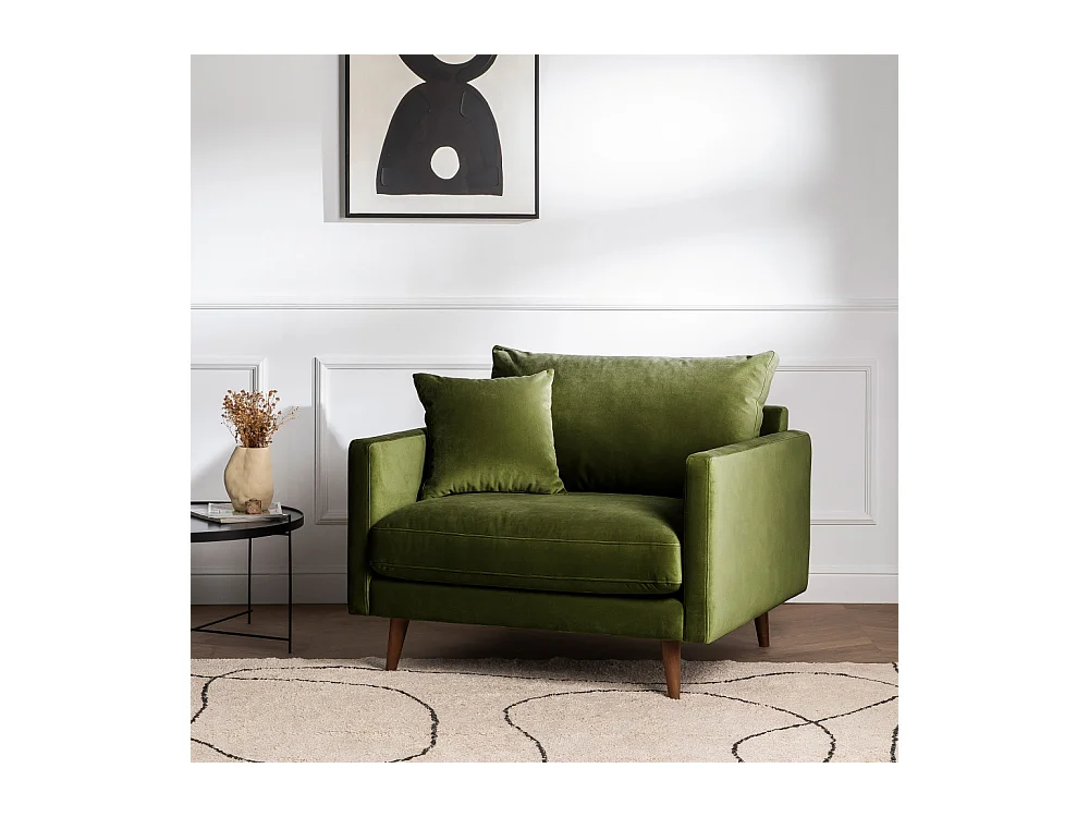 Villabon - Fauteuil XL en velours pieds bois foncé - Vert olive