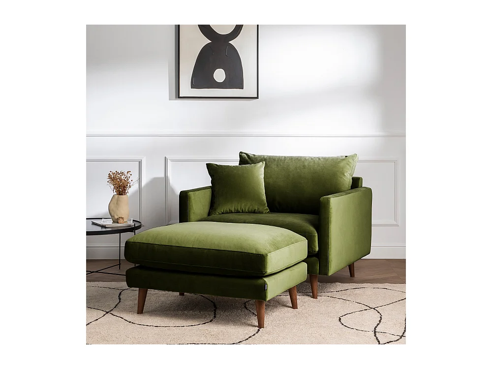 Villabon - Fauteuil XL en velours pieds bois foncé - Vert olive