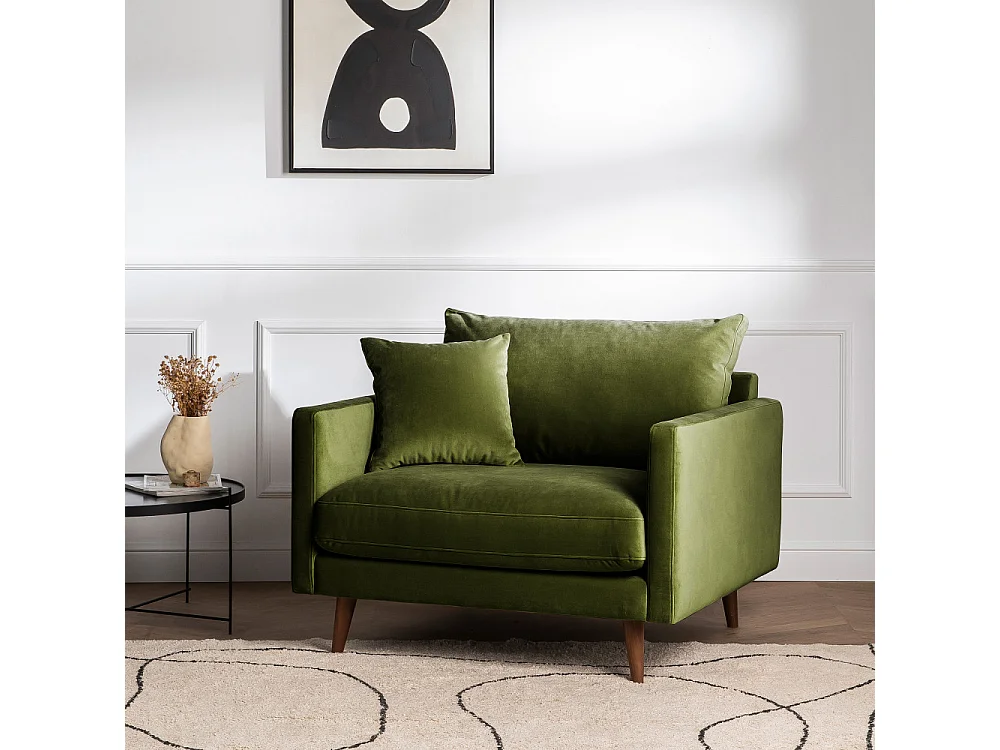 Villabon - Fauteuil XL en velours pieds bois foncé - Vert olive