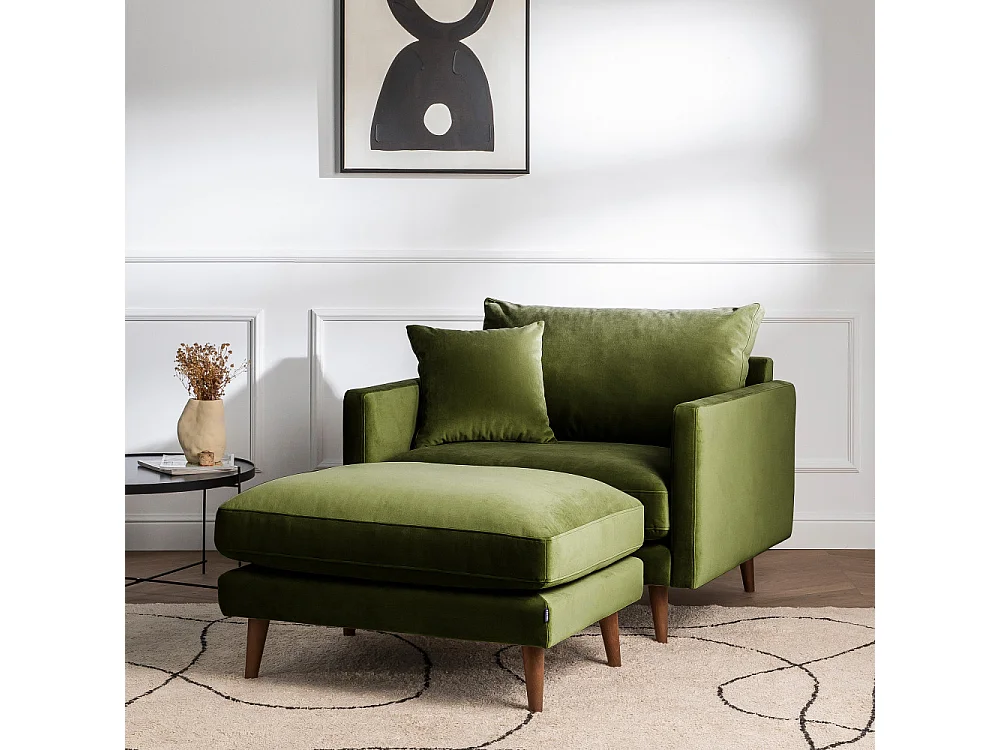 Villabon - Fauteuil XL en velours pieds bois foncé - Vert olive