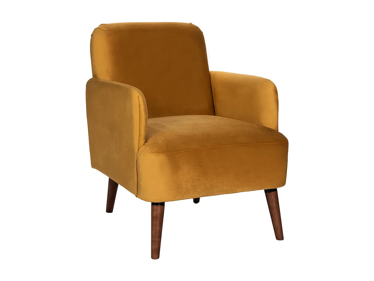 Brooks - Fauteuil rétro en velours pieds bois foncé - Jaune moutarde