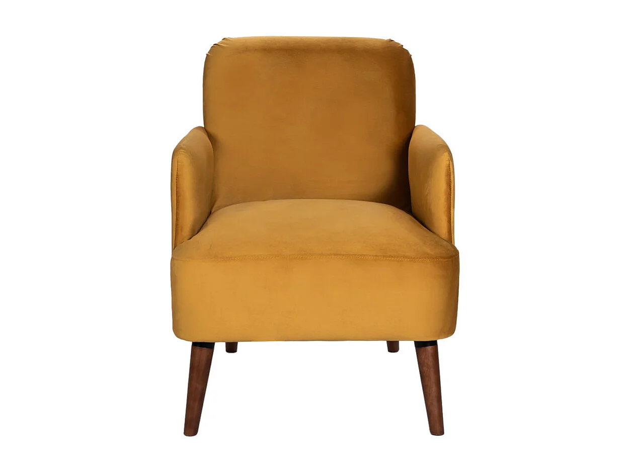 Brooks - Fauteuil rétro en velours pieds bois foncé - Jaune moutarde