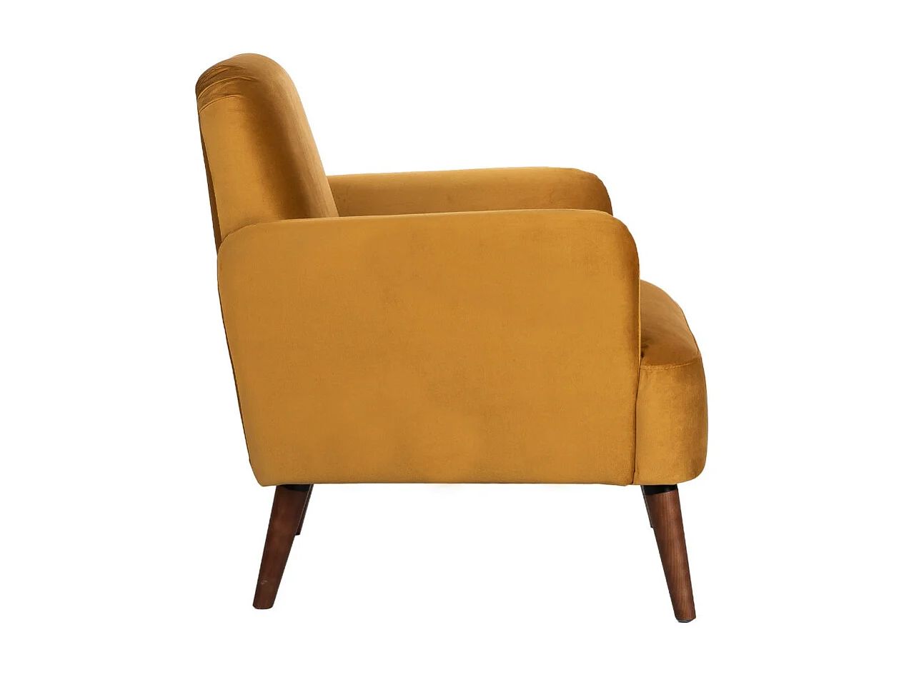 Brooks - Fauteuil rétro en velours pieds bois foncé - Jaune moutarde