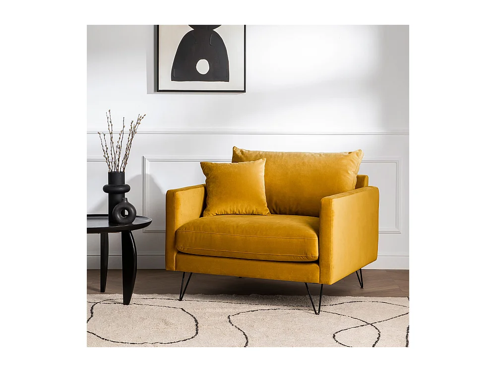 Villabon - Fauteuil XL en velours pieds épingles noirs - Jaune moutarde