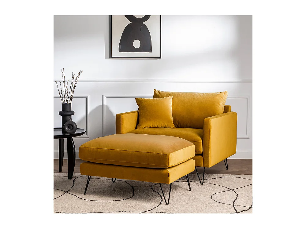 Villabon - Fauteuil XL en velours pieds épingles noirs - Jaune moutarde