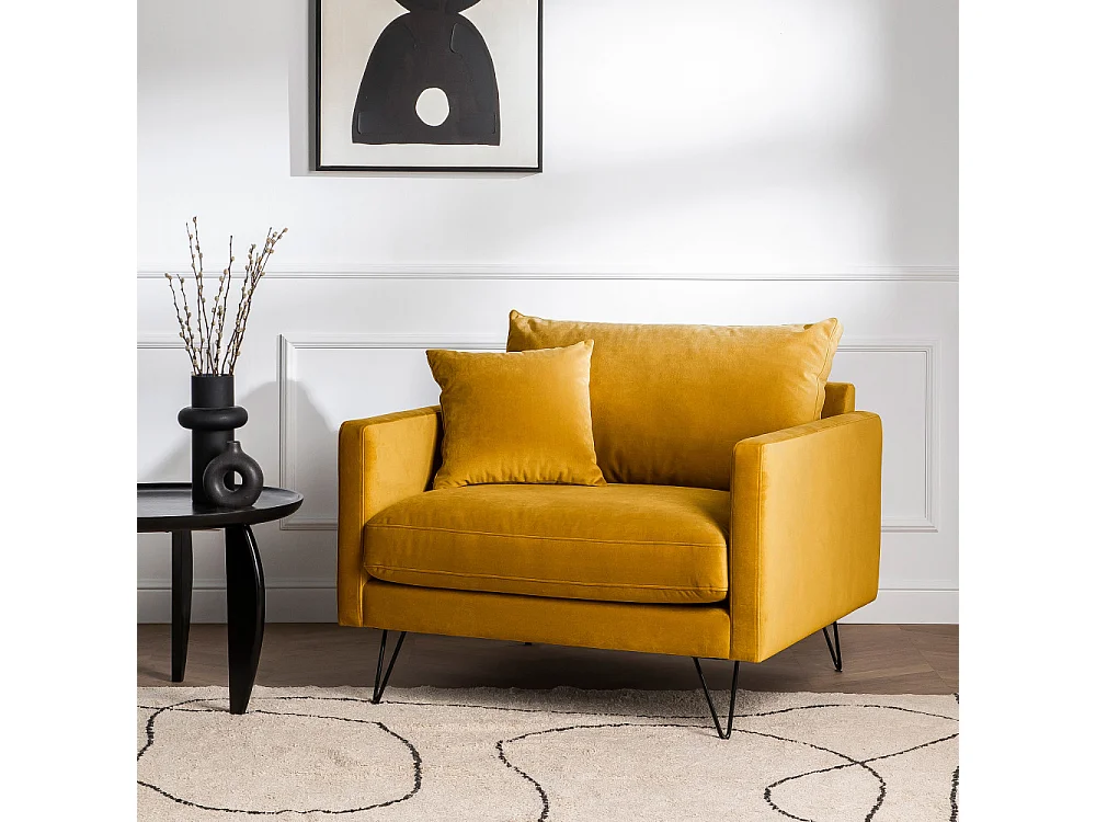 Villabon - Fauteuil XL en velours pieds épingles noirs - Jaune moutarde