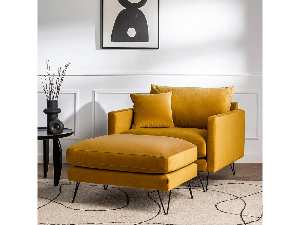 Villabon - Fauteuil XL en velours pieds épingles noirs - Jaune moutarde