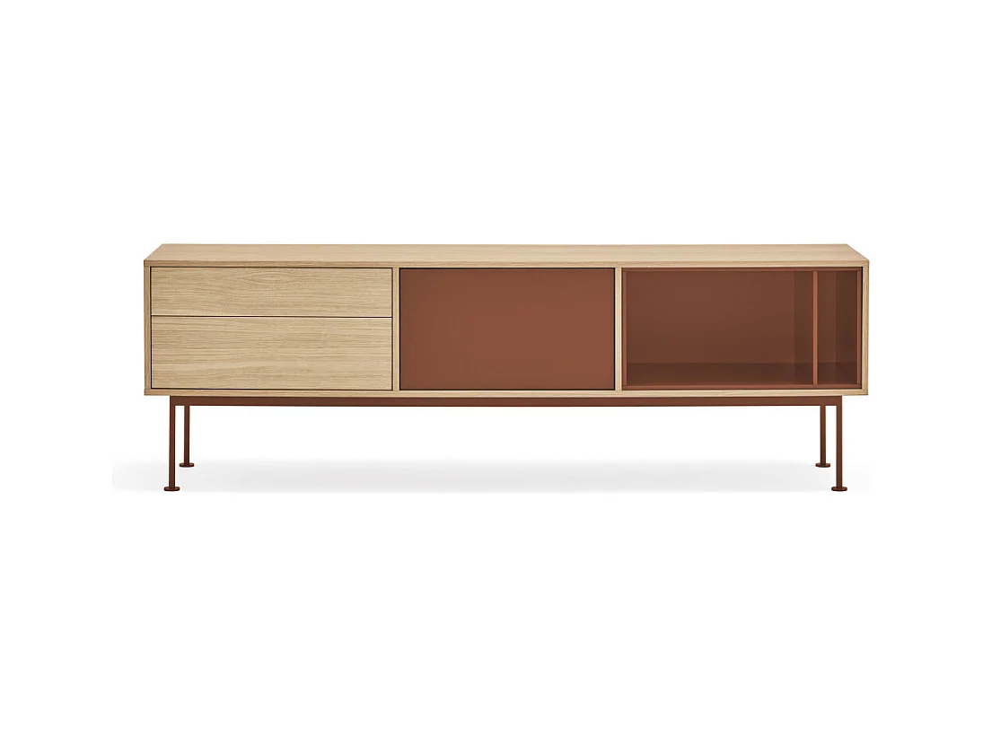 Yoko - Meuble tv 1 porte 2 tiroirs en bois L180cm : Couleur - Rouge brique
