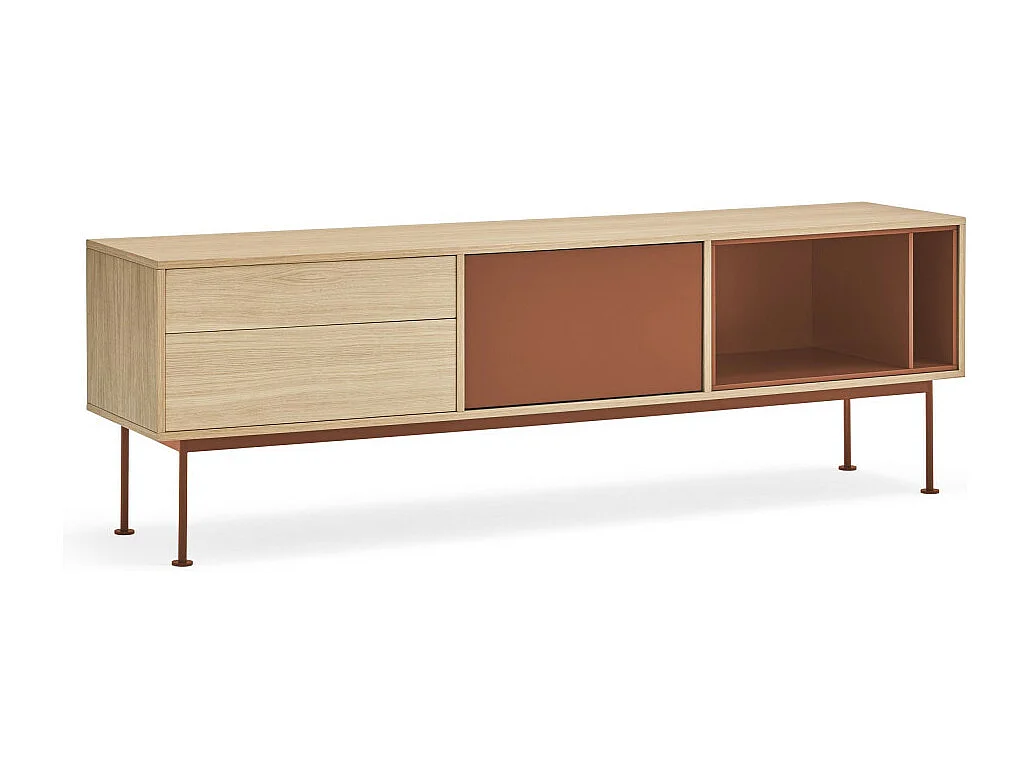 Yoko - Meuble tv 1 porte 2 tiroirs en bois L180cm : Couleur - Rouge brique