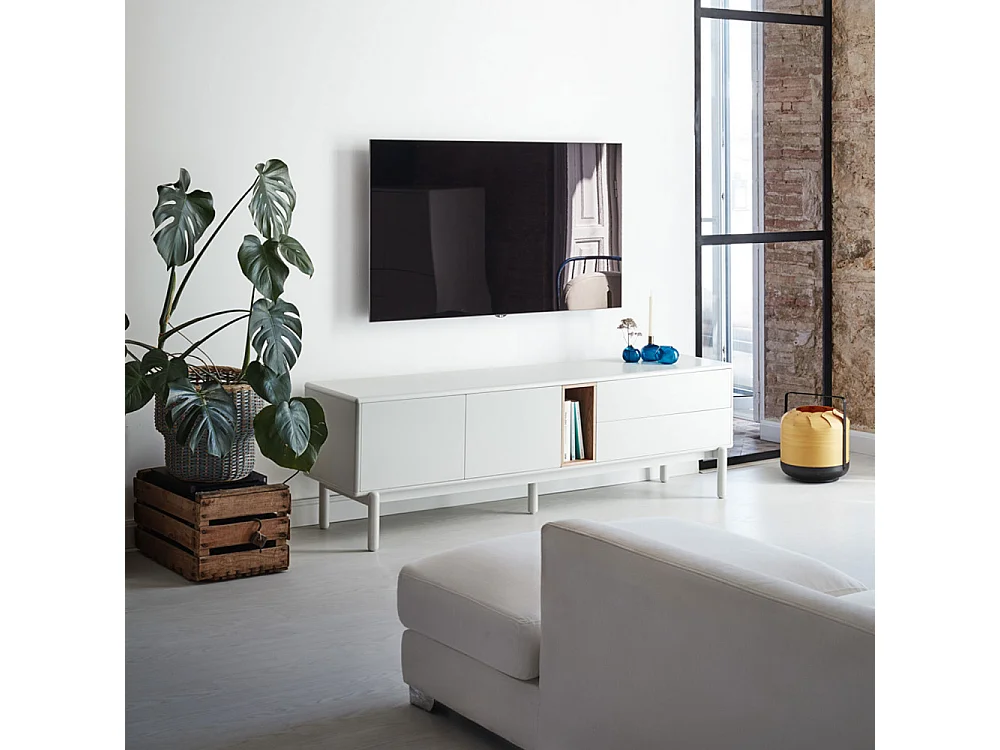 Corvo - Meuble tv 2 portes 2 tiroirs en bois L180cm - Blanc