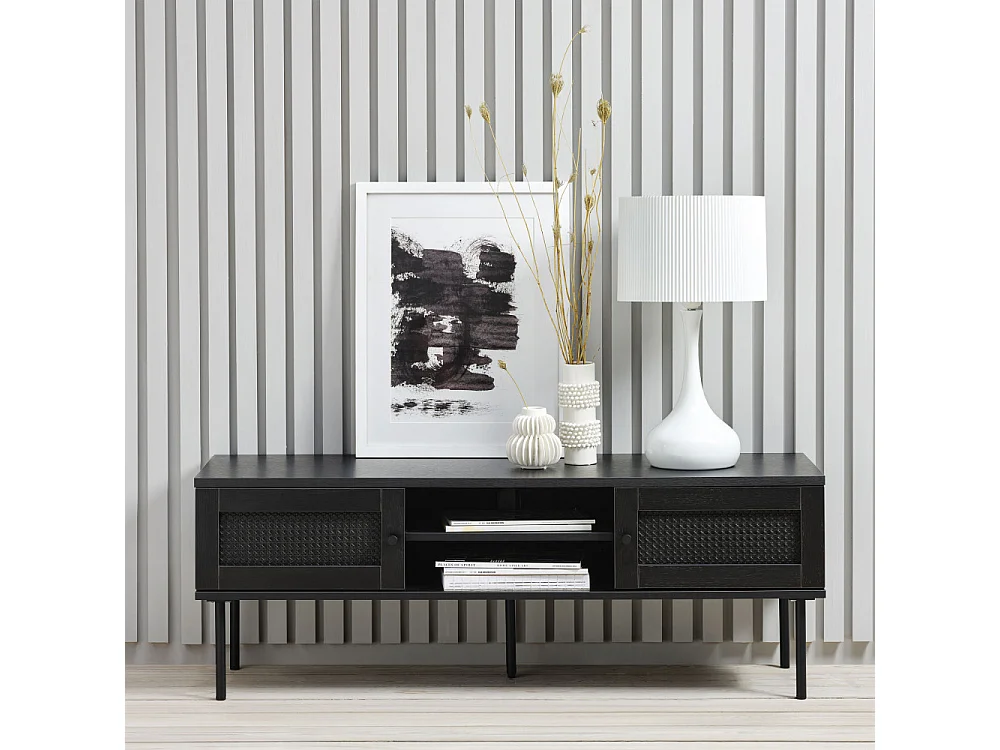 Rinto - Meuble tv 2 portes, 2 niches en bois et métal L120cm - Noir