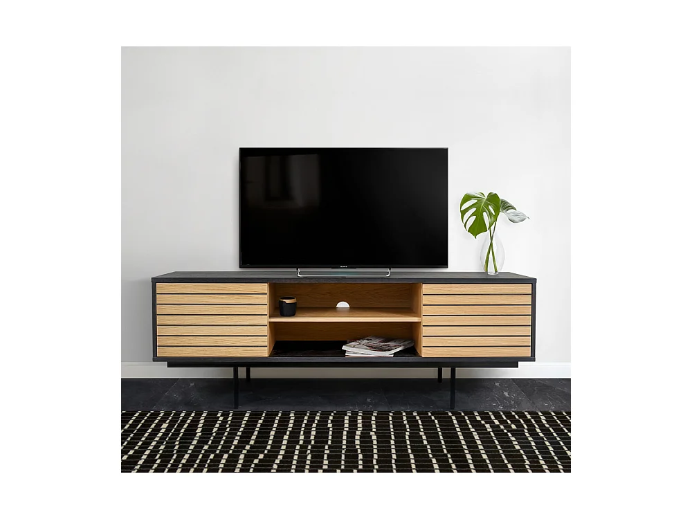 Stripe - Meuble TV design en bois et métal - Noir/Chêne