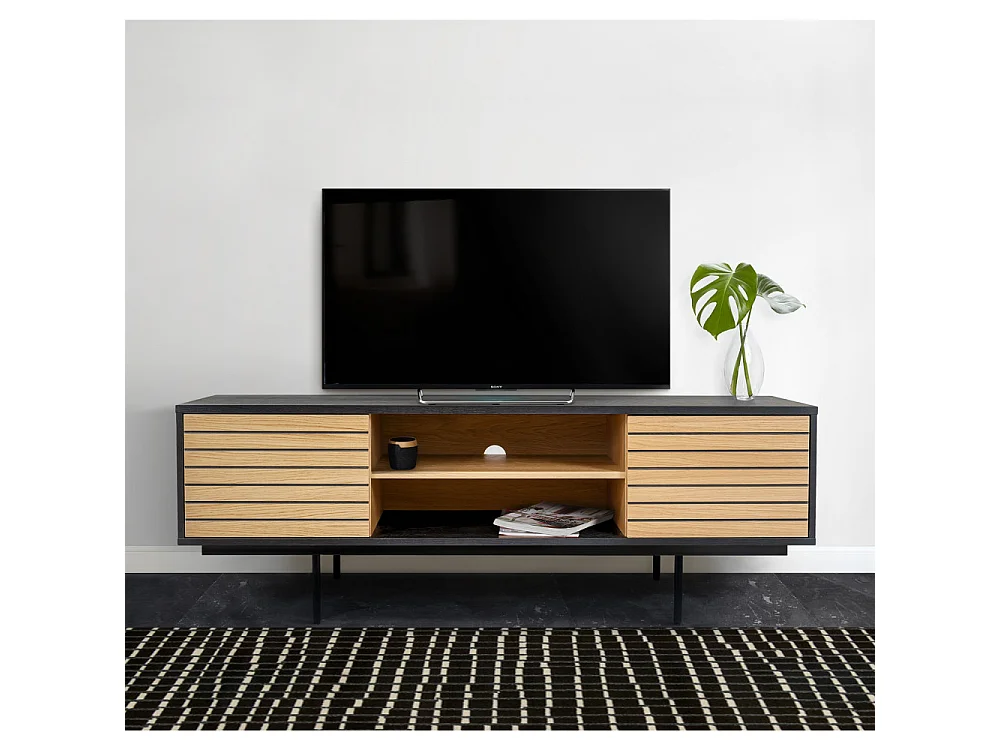 Stripe - Meuble TV design en bois et métal - Noir/Chêne