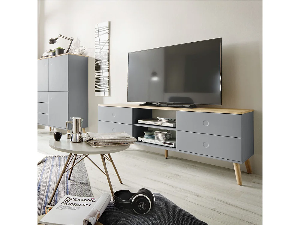 Dot - Meuble TV en bois 4 tiroirs L162cm : Couleur - Gris clair