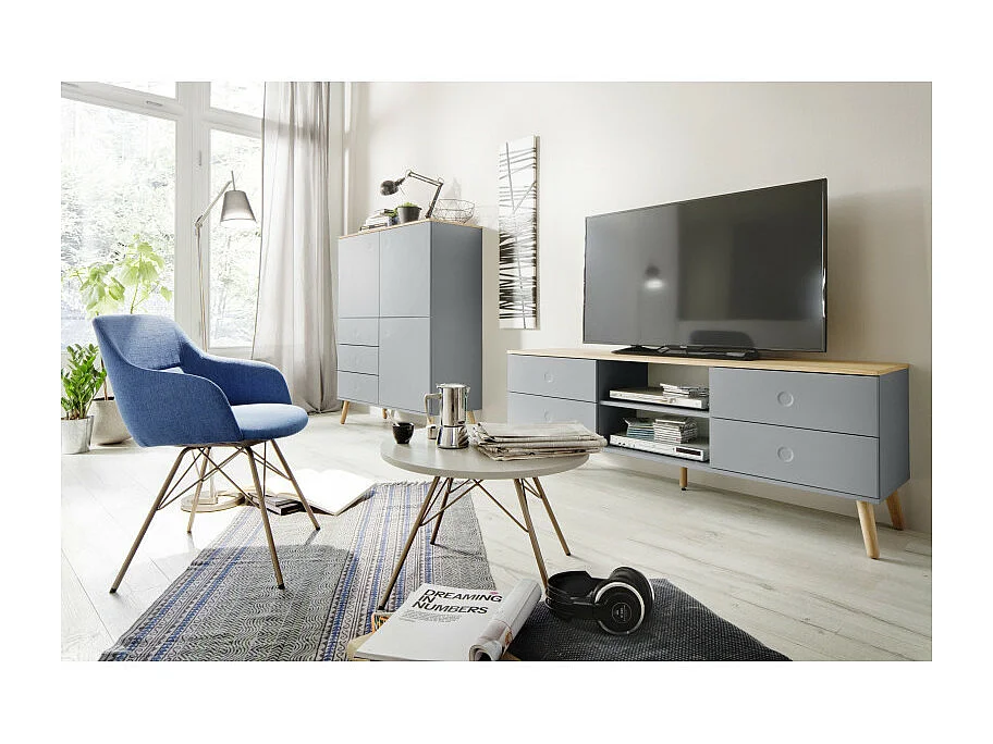 Dot - Meuble TV en bois 4 tiroirs L162cm : Couleur - Gris clair
