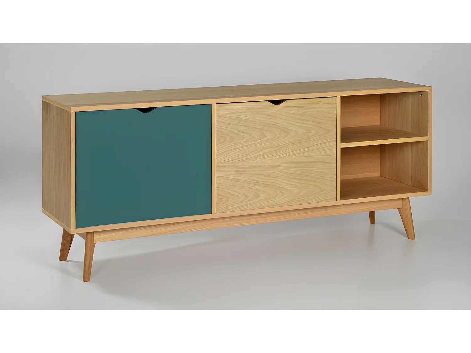 Ström - Meuble TV design 2 portes chêne - Couleur - Porte vert eucalyptus