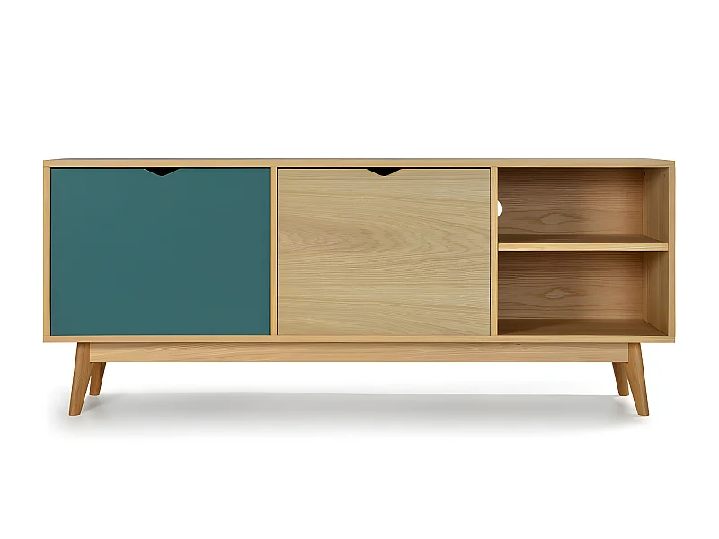 Ström - Meuble TV design 2 portes chêne - Couleur - Porte vert eucalyptus