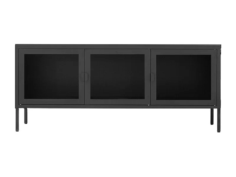 Consola de televisión negra con puertas de vidrio