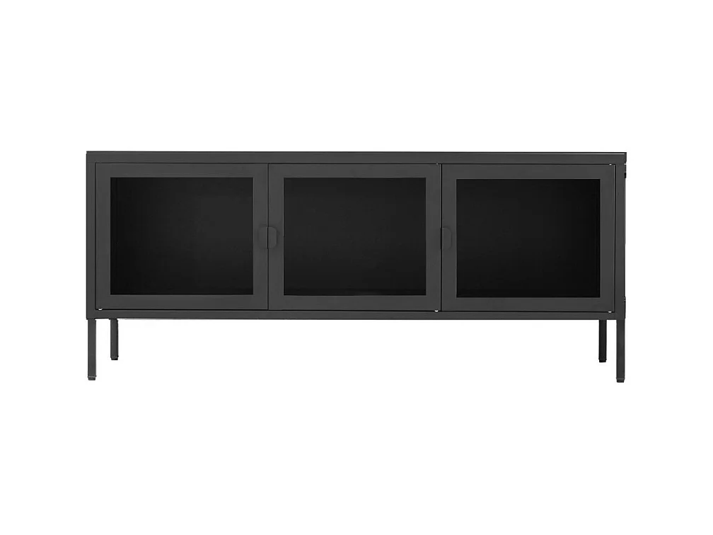 Consola de televisión negra con puertas de vidrio