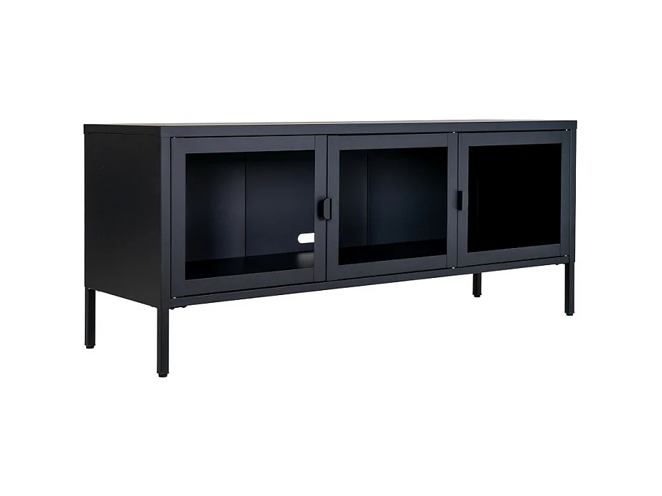 Consola de televisión negra con puertas de vidrio