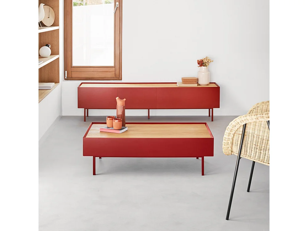 Meubel TV 2 planken met rode vouwdeuren 180x40 cm