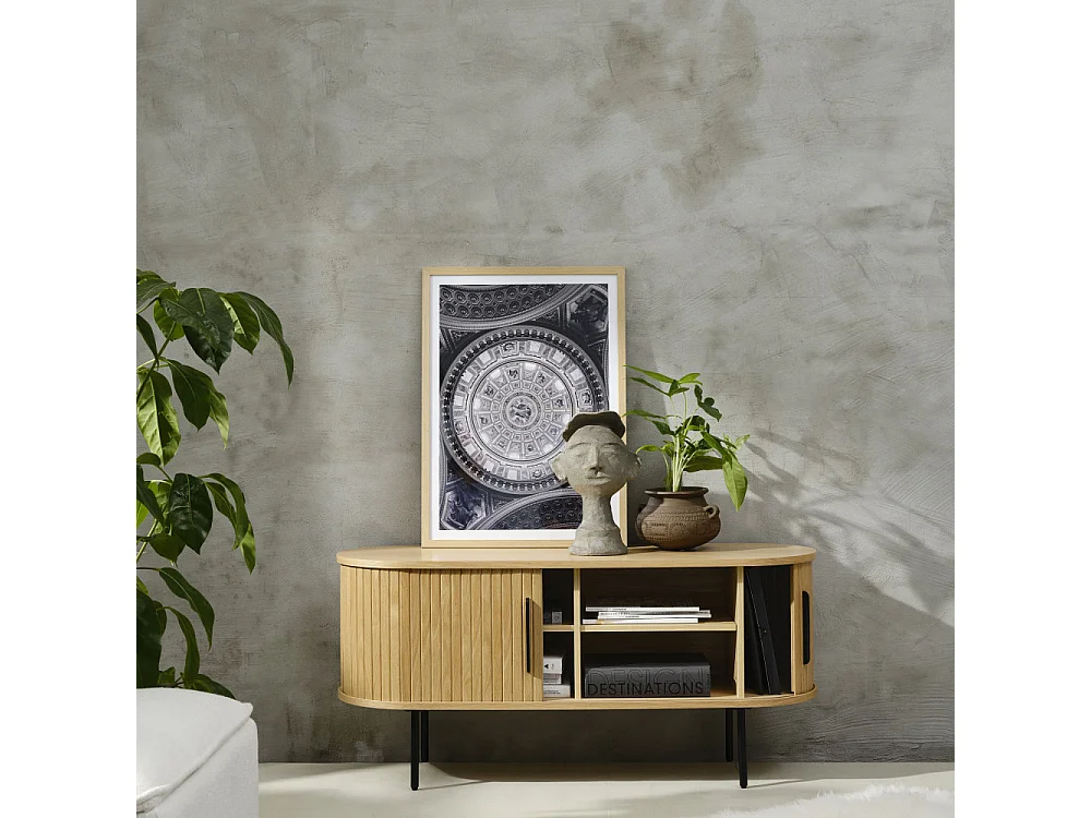 Alicia - Meuble tv 2 portes aux angles arrondis en bois et métal L120cm - Couleur - Bois clair