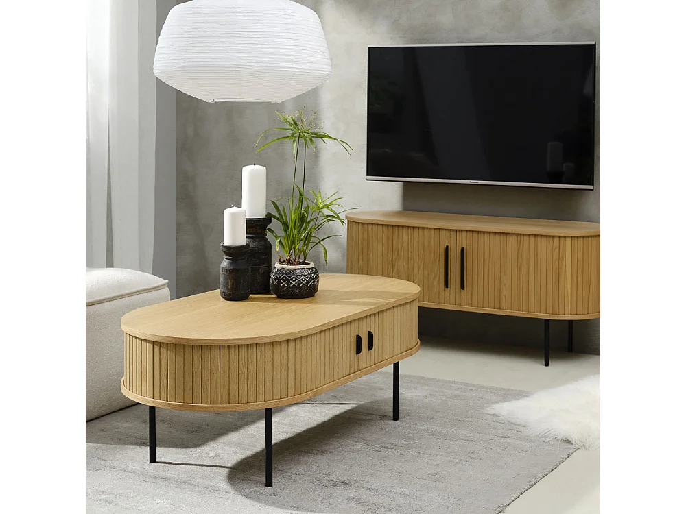 Alicia - Meuble tv 2 portes aux angles arrondis en bois et métal L120cm - Couleur - Bois clair