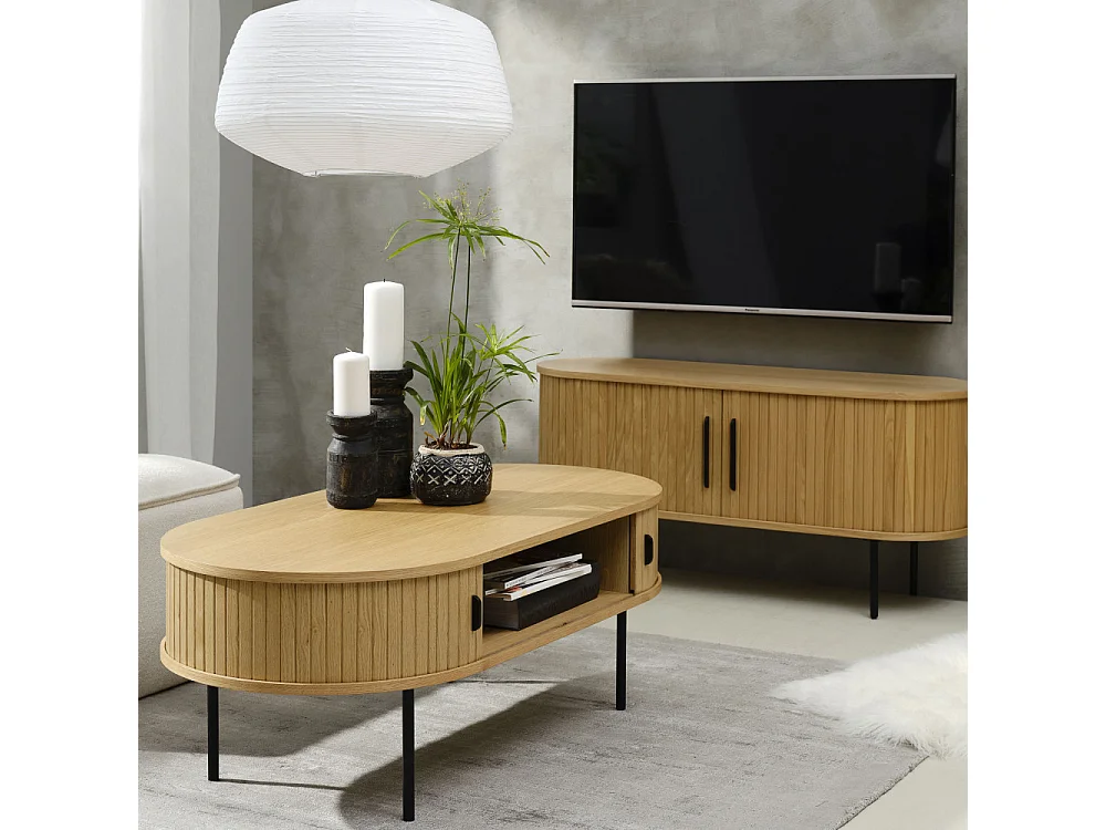 Alicia - Meuble tv 2 portes aux angles arrondis en bois et métal L120cm - Couleur - Bois clair