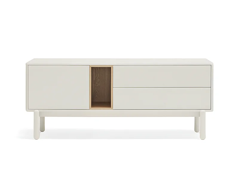 Corvo - Meuble tv 1 porte 1 niche et tiroir en bois L140cm - Gris clair