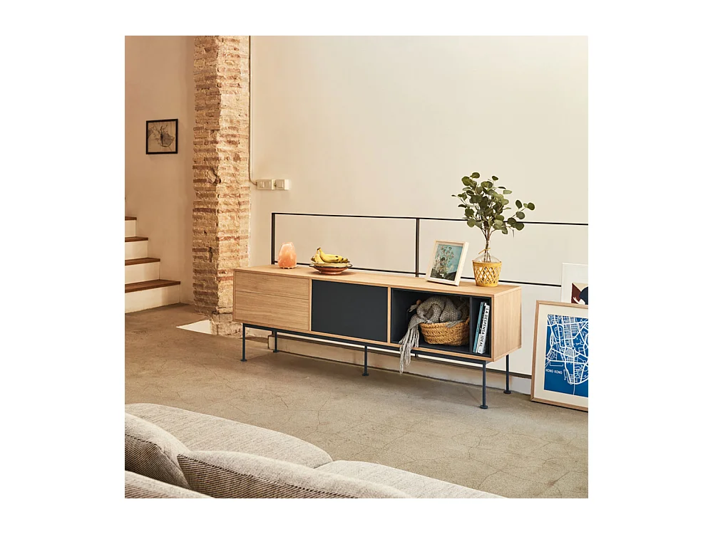 Yoko - Meuble tv 1 porte 2 tiroirs en bois L180cm : Couleur - Gris anthracite