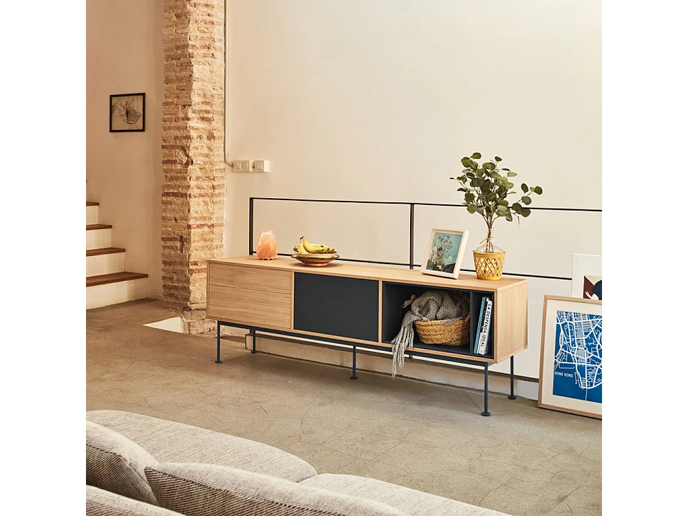 Yoko - Meuble tv 1 porte 2 tiroirs en bois L180cm : Couleur - Gris anthracite