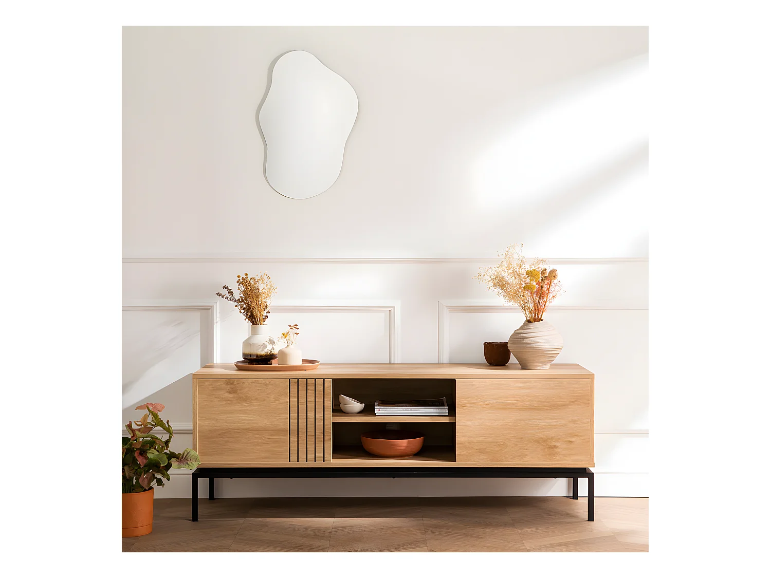 Krokom - Meuble TV 2 portes en bois et métal L150cm - Bois clair