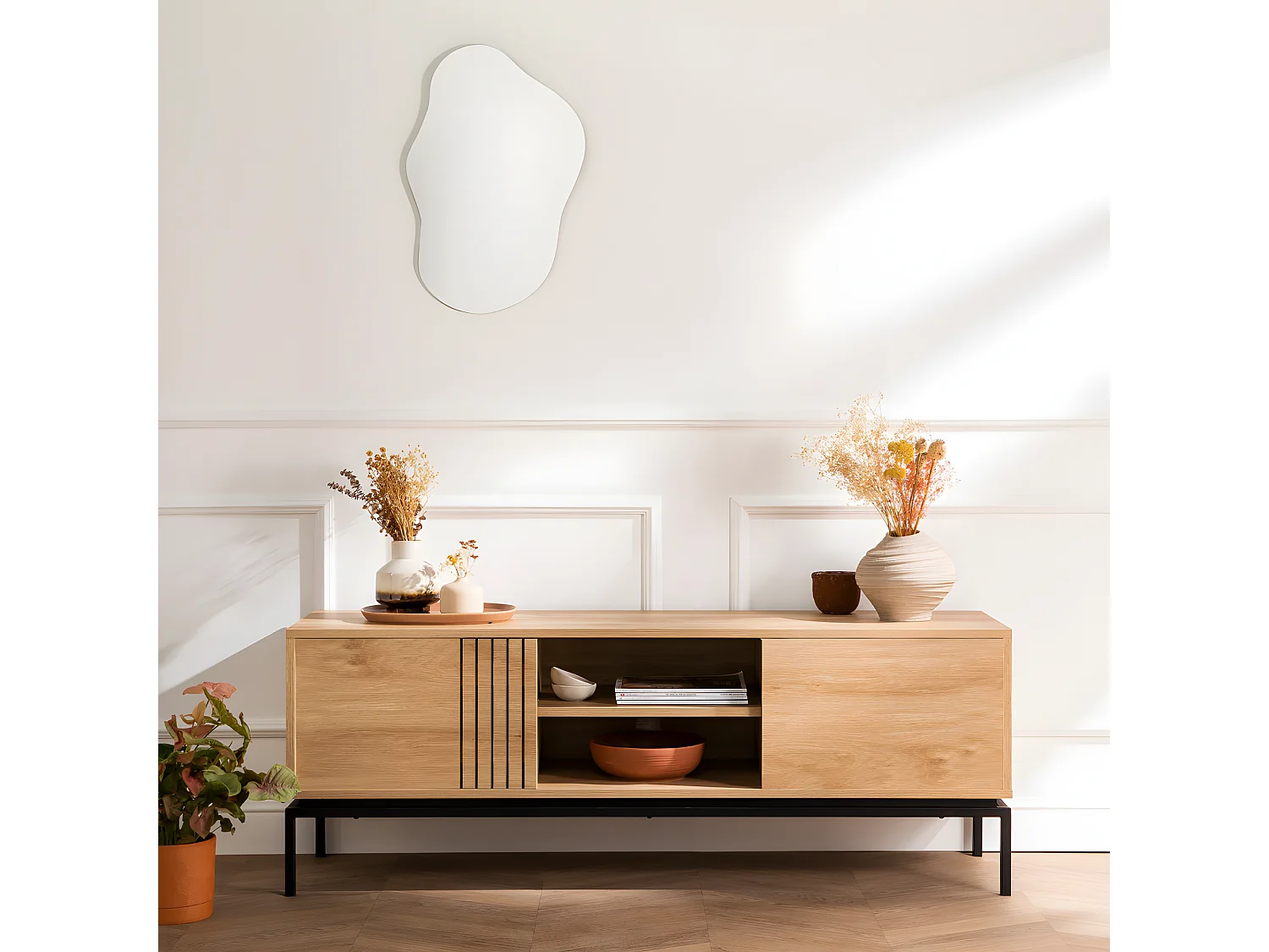 Krokom - Meuble TV 2 portes en bois et métal L150cm - Bois clair