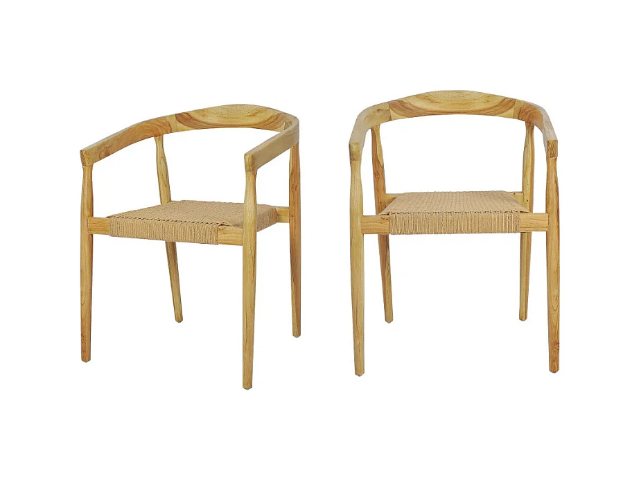 Buri - Lot de 2 fauteuils de table en teck et corde tressé - Bois clair
